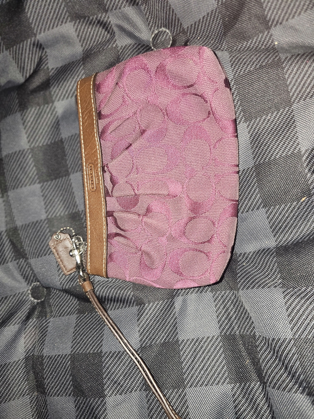 Coach Plum Signature Wristlet with Brown Leather Trim